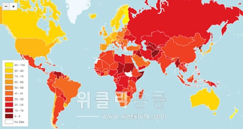 ▲ 국제투명성기구는 국가별 부패 지수를 색깔로 표시한 세계지도를 공개했다.