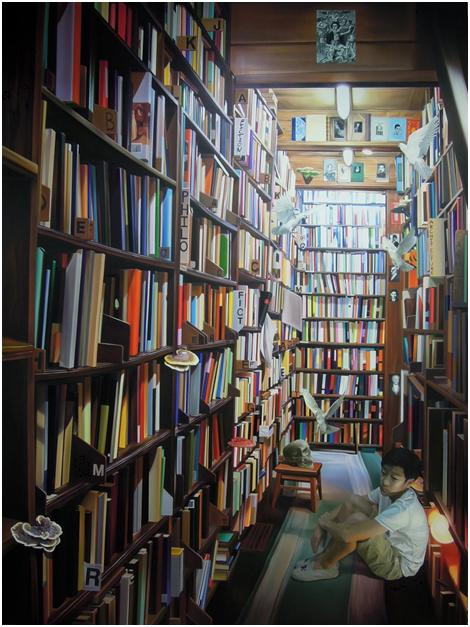 < 홍경택, ‘서재 - 비둘기가 날 때’ (Library-The Moment Doves Fly)_2016_ oil on linen_259x194cm >