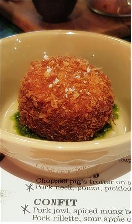 Fried-Pigs head cake, watercress salsa verde