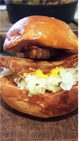 Salted & Dry roasted pork belly brioche bun fermented cabbage